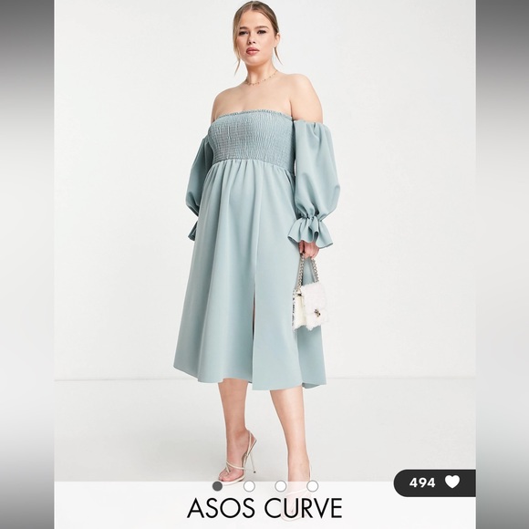 Dresses | Asos Design Curve Shirred Bardot Blouson Sleeve Prom Midi Dress  In Gray Blue